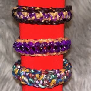Set Of 3 Rainbow Loom Rubber Band Bracelets Handmade Metallic Gold Jewelry Fun